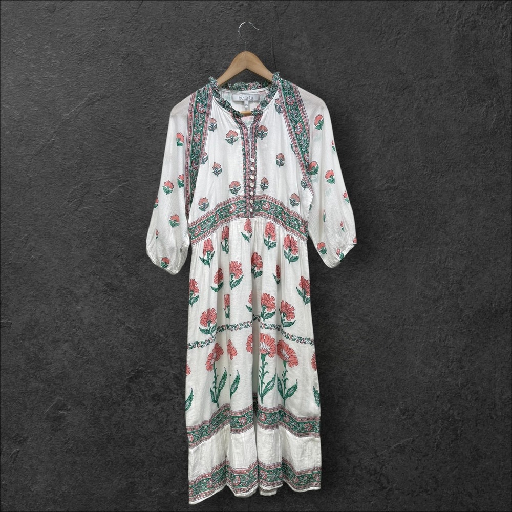Bella Tu White‎ Floral Block Print Cotton Midi Dress XS Pink Green Boho Coastal